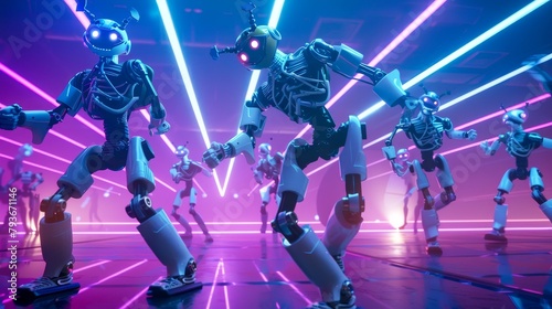 A playful scene of robots in a dance battle with breakdancing moves and laser light show  AI generated illustration © ArtStage