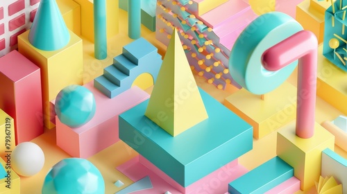 A quirky and abstract 3D representation of a company reorganization with geometric shapes and pastel hues  AI generated illustration photo