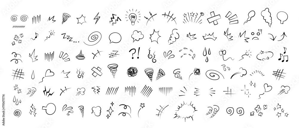 Manga or anime comic emoticon element graphic effects hand drawn doodle vector illustration set isolated on white background. Anime style manga doodle line expression scribble anime mark collection.