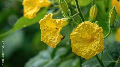 Close up of yellow flowers of luffa acutangula being pollinated by insects photo