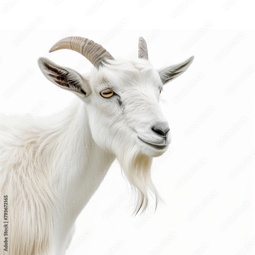 Majestic Goat with Soft White Fur on Pure White Background Majestic Goat with Soft White Fur on Pure White Background