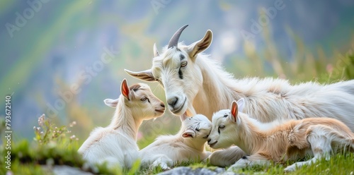 Mother goat protectively over her playful kids.