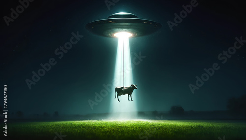 An alien spaceship is abducting a cow in the middle of the night.