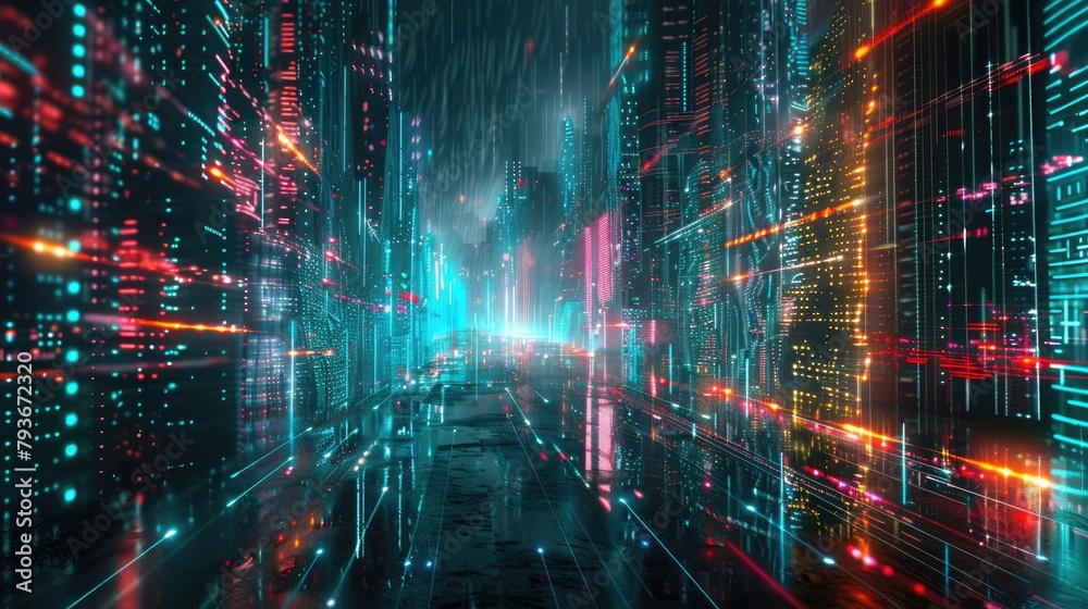 Abstract cityscape with neon data streams Abstract cityscape with neon data streams