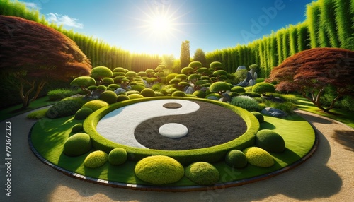 A photo of a Zen garden with a yin-yang symbol in the center. photo