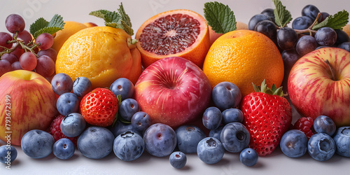 A stunning display of assorted fruits and vegetables arranged in a gradient of colors, resembling a vibrant rainbow, against a grey background with high-key lighting. 