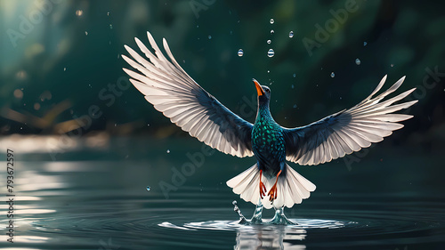 drop of water bounces above the water surface, transforming into a liquid bird opening its wings soaring gracefully above the water. © adop