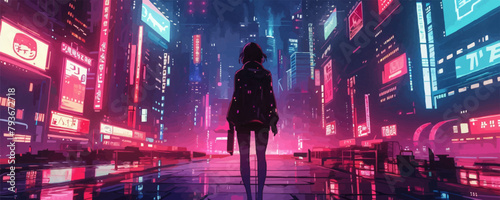 girl in a cyberpunk city dressed in anime vector cartoon cyberpunk. vector simple illustration photo