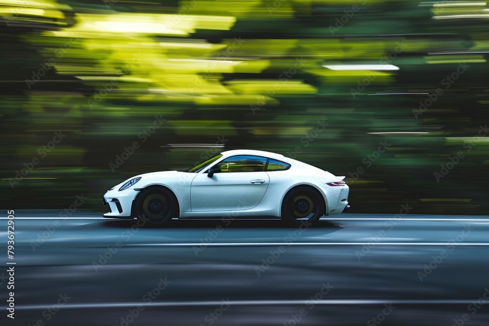 A white Car is driving on the road, with trees in the background and motion blur