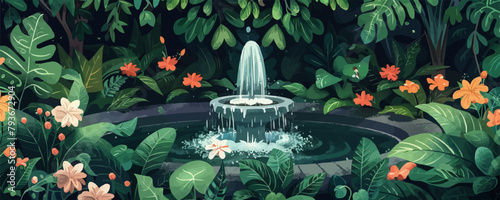 A tranquil garden oasis with lush foliage, blooming flowers, and a bubbling fountain. Vector flat minimalistic isolated illustration.
