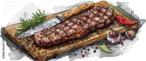 Sketch hand drawn grilled steak on wooden board with cleaver knife and spices. vector simple illustration
