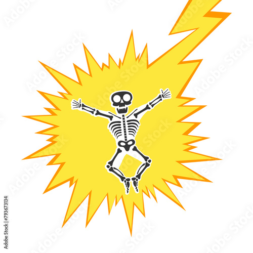 Skeleton electric shock by high voltage or lighting electrocuted caution silhouette flat style design vector illustration. A funny human skeleton had an electric shock or lightning strike.