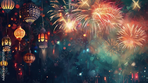 Artistic illustration of the Islamic New Year celebration, featuring fireworks and festive decorations © Cloudyew