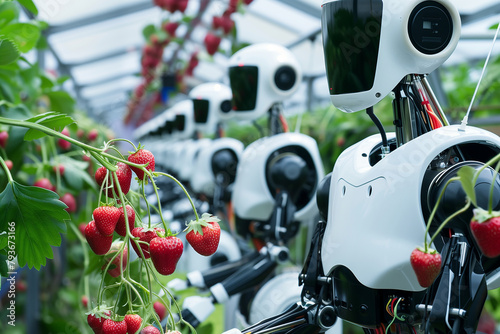 A humanoid robot harvests strawberries in a smart farm. photo