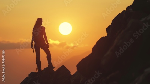 Against the backdrop of a setting sun, the woman climbing to the top of the mountain pauses to savor the beauty of the moment, her heart filled with gratitude for the journey.