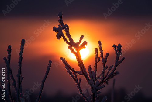 A frost-covered branch against the dull winter sun photo