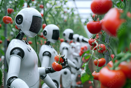 A humanoid robot harvests tomatoes on a smart farm.