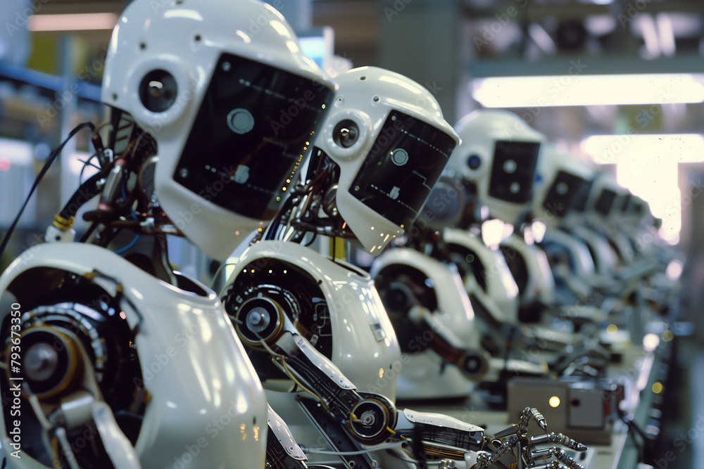 Fototapeta premium A humanoid robot assembles a product in an appliance factory.