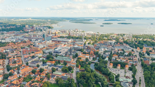 Vasteras, Sweden. Westeros Cathedral. Panorama of the central part of the city. Summer day, Aerial View photo