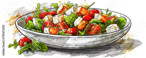 Salad with chicken and cheese hand drawn sketch Latin American food Restaurant business concept. vector simple illustration