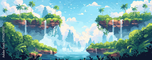 A surreal landscape with floating islands, waterfalls cascading into the abyss, and lush vegetation. Vector flat minimalistic isolated