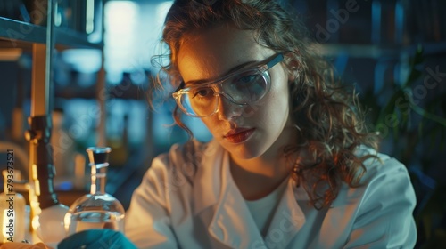 Female chemist in a clean lab, innovative, analyzing chemical reactions, intrigued, styled with soft lighting.