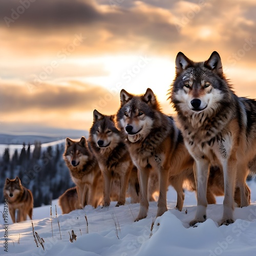 a pack of a hungry wolves gathered on a snow  Ai Generated