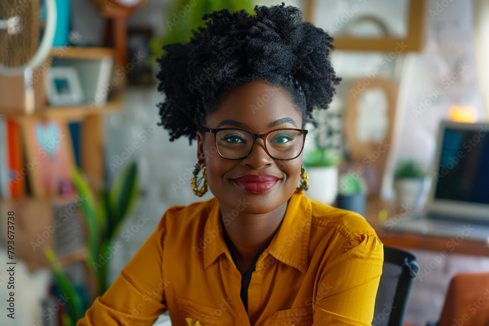 Happy African American Businesswoman Working from Home. Portrait of Young Female Entrepreneur in Yellow Jumper and Glasses Smiling at Desk with Laptop, Remote Work Concept. Happy African American Businesswoman Working from Home. Portrait of Young Female Entrepreneur in Yellow Jumper and Glasses Smiling at Desk with Laptop, Remote Work Concept.