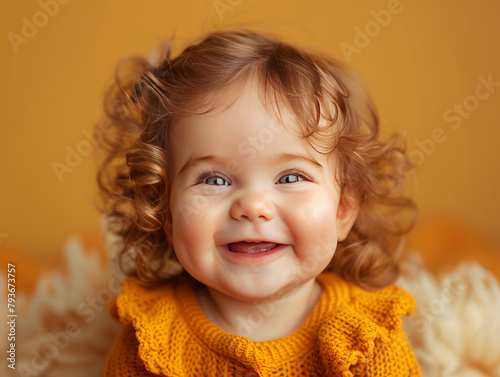 Cheerful curly-haired toddler in a polka-dot outfit laughing in a warm, glowing room