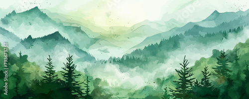 landscape mountain on Green background. Traditional watercolor orienta. vector simple illustration