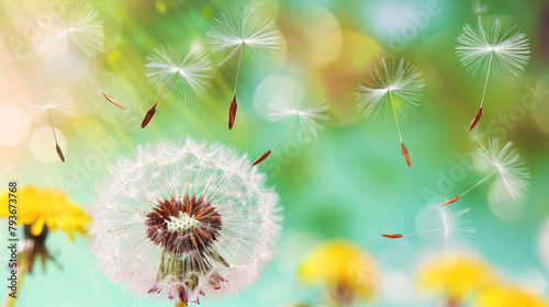 Dandelion puffball with seeds drifting in the air against a warm golden background photo