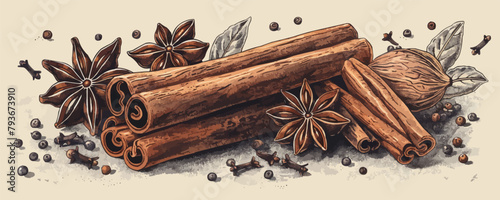 Fragrant cinnamon sticks, star anise. Spices and herbs, food concept. Hand drawn sketch vintage vector illustration. vector simple illustration