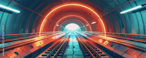 A large underground tunnel with a railway, tram,. vector simple illustration