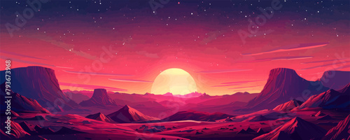 Desert planet landscape with magnificent red rocks and a starry sky. Vector flat minimalistic isolated illustration in digital art style.
