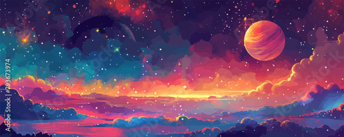 Abstract space journey, with bright stars and galaxies in the background. Vector flat minimalistic isolated illustration in digital art