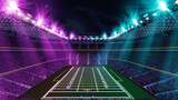 Aerial view of 3D render American football stadium with blurred tribunes with fans, empty arena in neon light. Open air match. Concept of professional sport, event, tournament, game, championship