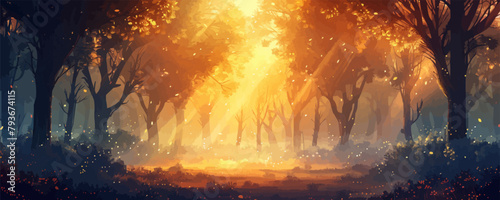 A mystical forest glade illuminated by shafts of golden sunlight filtering through the trees. Vector flat minimalistic isolated illustration.