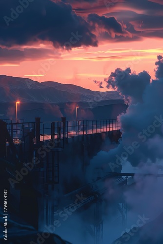 Geothermal energy plant, steam vents, twilight, low angle, mysterious fog, 