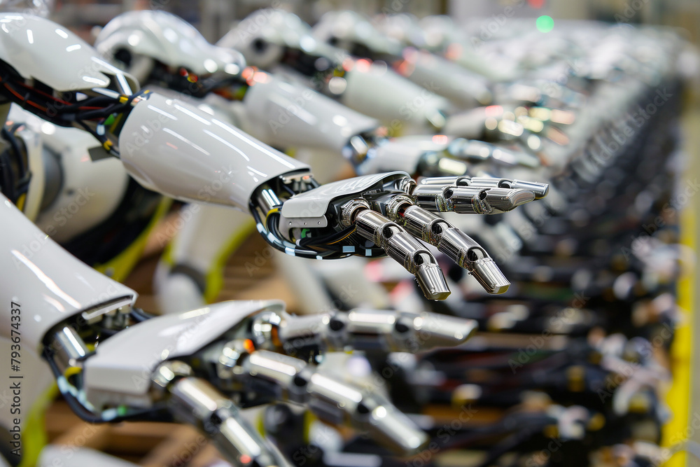 A humanoid robot assembles a product in an appliance factory. - obrazy, fototapety, plakaty 