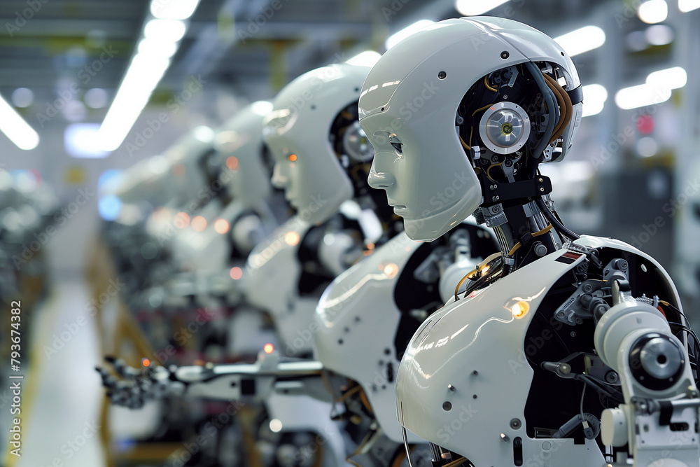 A humanoid robot assembles a product in an appliance factory. A humanoid robot assembles a product in an appliance factory.
