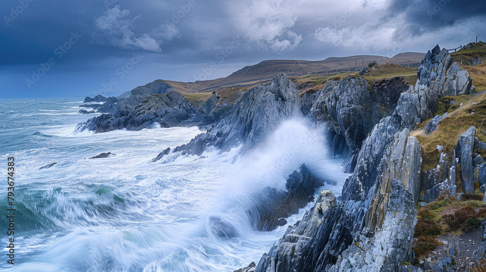 Rugged beauty of a rocky coastline with waves crashing against the cliffs under a blustery sky Rugged beauty of a rocky coastline with waves crashing against the cliffs under a blustery sky