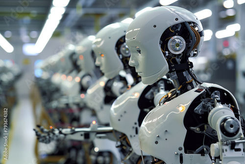 A humanoid robot assembles a product in an appliance factory. photo