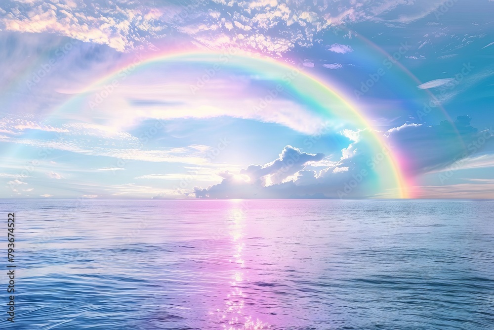 Bright rainbow arching over a serene seascape with wispy cirrus clouds on a soft transparent white backdrop, evoking a sense of hope