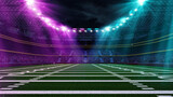 American football stadium with goal post, grass field and blurred fans at tribune view. 3D render. Neon light illumination. Concept of professional sport, event, tournament, game, championship