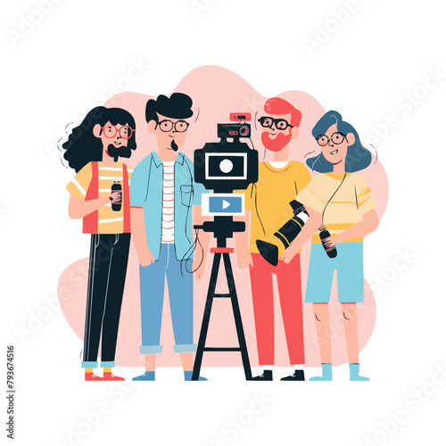 Teamwork, Electronic document, Video content creator, blogger colorful cartoon character, set flat vector modern illustration