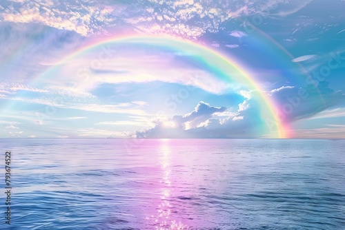 Bright rainbow arching over a serene seascape with wispy cirrus clouds on a soft transparent white backdrop  evoking a sense of hope