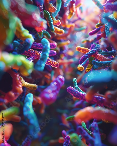 Human microbiome, colorful bacteria swarm, macro, bright lighting, sharp details, 