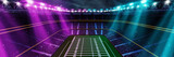 3D render image of American football stadium with goal post, grass field and blurred fans at playground during match. Neon illuminations. Professional sport, event, tournament, game, championship