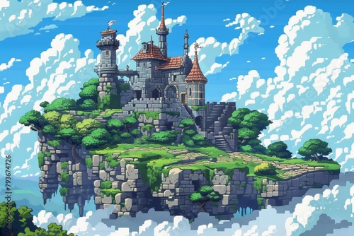 Pixel art of a pixelated castle that sits on a pixelated hill.