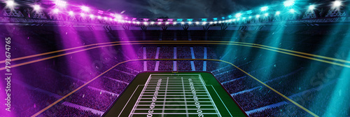 3D render image of American football stadium with goal post, grass field and blurred fans at playground during match. Neon illuminations. Professional sport, event, tournament, game, championship